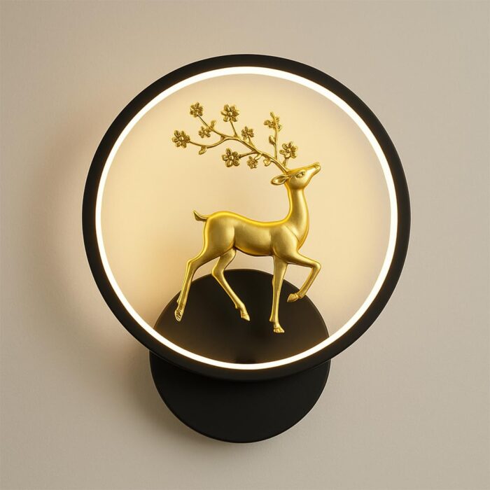 Round LED Wall Light with Golden Deer Decor - Image 1