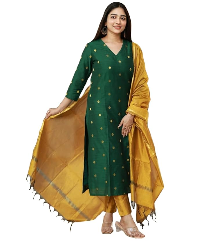 619-+oTdlUL._SX679_ Women's Kurta Pant Dupatta Set Silk Cotton Kurta Sets for Woman - Image 1