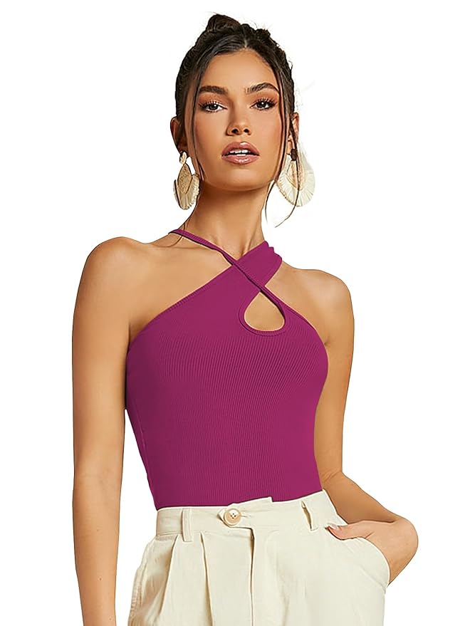 Cross Front Ribbed Knit Korean Trendy Tank Western Tops Sugathari Women's Skin Criss Cross Front Ribbed Knit Korean Trendy Tank Western Tops - Image 1