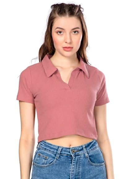 Stylish Solid Polo Collar Short Sleeves Crop T-Shirt Womens & Girl's Stylish Solid Polo Collar Short Sleeves Crop T-Shirt - Image 1