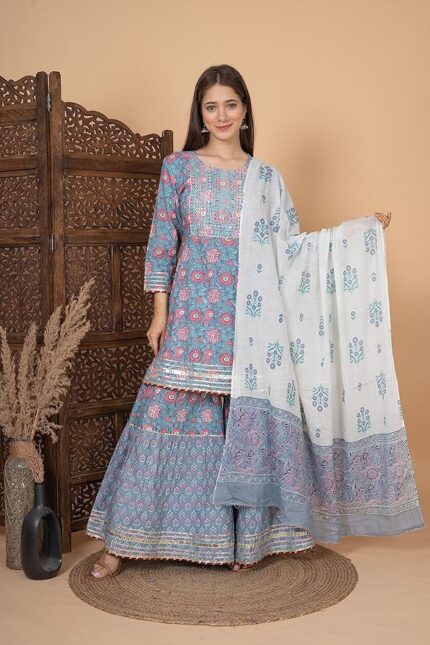 MEERA FAB Women Cotton Festive Embrodriery Printed Kurta With Sharara & Dupatta